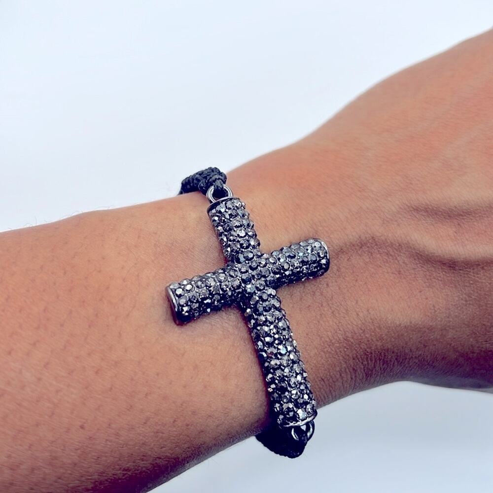Vintage Rhinestone Religious Sideways Cross Adjustable Bracelet